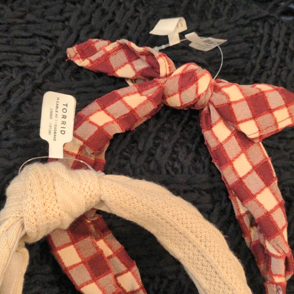 2 Headbands, beige knit knotted headband, red and beige print bow knot